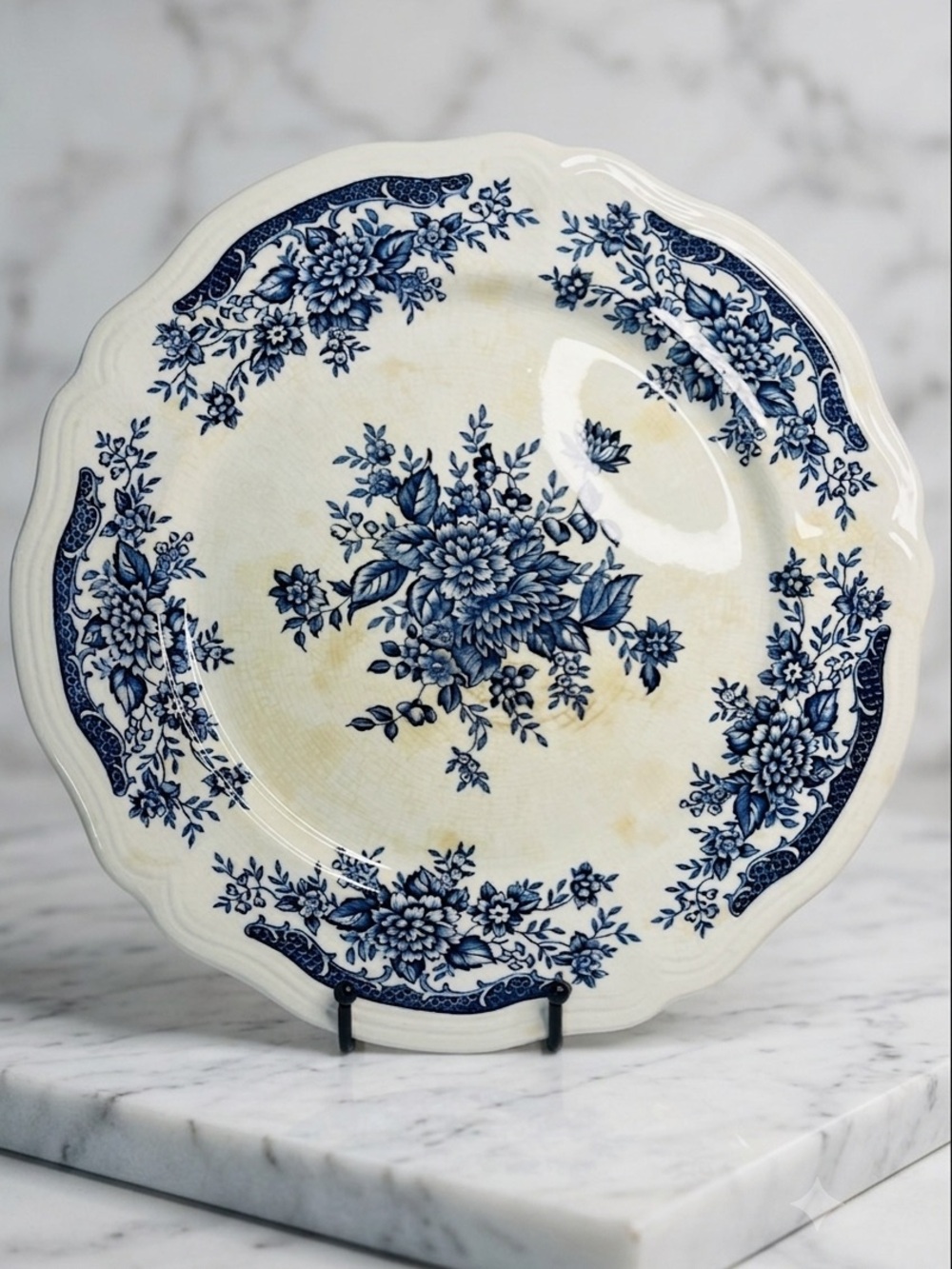 Vintage 70s Blue Carnation Ironstone Round Chop Platter 12” Japan As-Is
